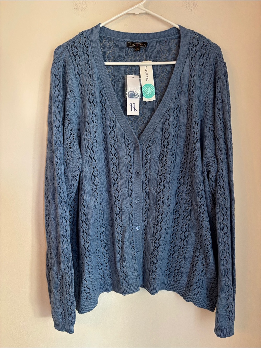 Blue Open knit V-Neck Button front pointelle Cardigan sweater Women blue 3XL NWT